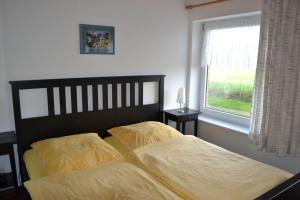 1 Schlafzimmer mit 2 Betten und einem Fenster in der Unterkunft Ferienhof Nickelswarft Fewo 2 in Poppenbüll