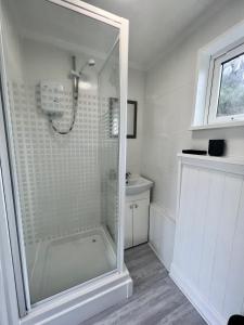 a white bathroom with a shower and a toilet at Shrimpy- A cute family friendly chalet in Cromer in Cromer