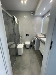 uma casa de banho com um chuveiro, um WC e um lavatório. em Plaza Luxury Apartments em Colberga