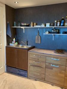 cocina con fregadero y pared azul en Hybel i underetasje 700m fra strand, en Trøgstad