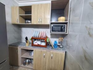 een kleine keuken met een aanrecht met een magnetron bij Spacious 2-bed Apt With 24hrs Power+ Unlimited Wi-Fi in Lagos