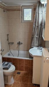 a bathroom with a tub and a toilet and a sink at Mochlos Essence Apartments in Mochlos
