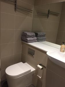 a bathroom with a toilet and a sink and towels at Fully Equipped Studio in Greenwich - 1 min to Station in London