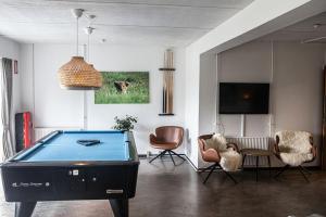 a living room with a pool table and chairs at Givskud Zoo Hostel in Givskud