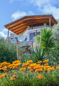 a garden with orange flowers in front of a house at DN Beach Coast Villa in Skinária