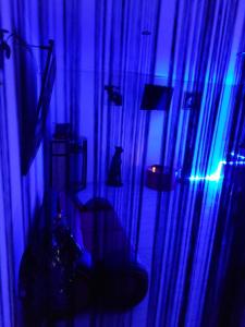 um quarto com um gato sentado num quarto com luzes azuis em why not em Lédignan