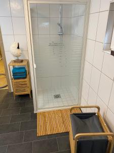 y baño con ducha y puerta de cristal. en Ferienwohnung No 1 am Golfplatz, en Wiesmoor