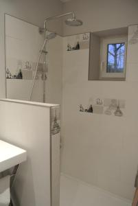 a white bathroom with a shower and a sink at Gite de Charme in Villeneuve-sur-Auvers