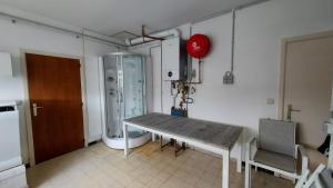 a room with a table and a shower in it at Villa Duinberg R-002 in Koksijde +13 photos