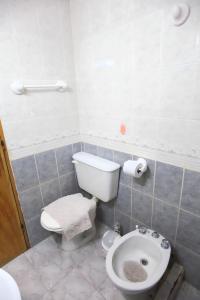 La salle de bains est pourvue de toilettes blanches et d'un lavabo. dans l'établissement La Casa de Alicia, à Tupungato