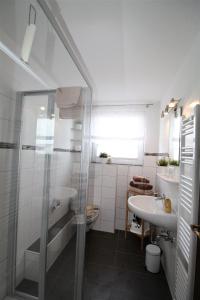 La salle de bains est pourvue d'une douche et d'un lavabo. dans l'établissement Wohnung Typ A im Haus Friedeburg EG, Carolinensiel, à Carolinensiel