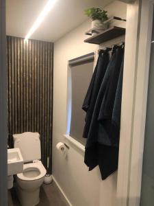 a bathroom with a white toilet and black towels at Brand new studio outhouse Putney SW15 in London
