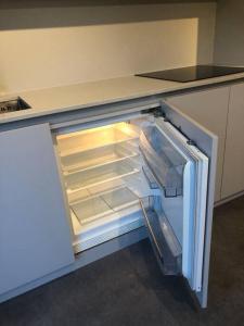 un frigorifero vuoto con la porta aperta in una cucina di Brand new studio outhouse Putney SW15 a Londra