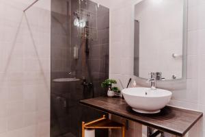 La salle de bains est pourvue d'un lavabo et d'une douche. dans l'établissement Dream Stay - Old Town City Wall Studio Apartment, à Tallinn