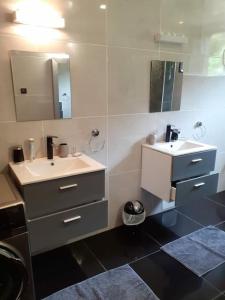 a bathroom with a sink and a mirror at Charmante maison au cœur des 3 montagnes in Salazie