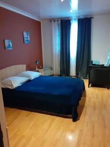 a bedroom with a blue bed and a piano at Charmante maison au cœur des 3 montagnes in Salazie +10 photos