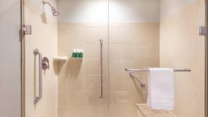 a bathroom with a shower with a white towel at Courtyard by Marriott Greenville Downtown in Greenville