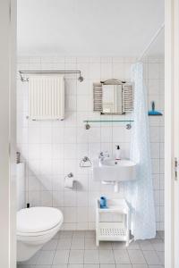 een witte badkamer met een wastafel en een toilet bij 't Zwanennest in Egmond aan den Hoef