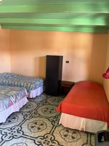 a room with two beds and a carpeted floor at Hostal Tuyasto in San Pedro de Atacama