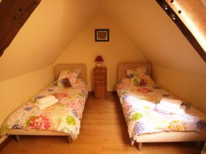 2 camas individuales en un dormitorio en el ático con aweredweredebinebin en Gîte Pomme - Les Gîtes de la Lohuas en Les Champs-Géraux