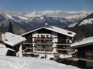 a building in the snow with mountains in the background at Appartement Richemont 124 in La Tzoumaz
