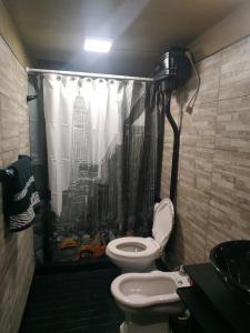 uma casa de banho com uma cortina de chuveiro e um WC em Casita Casa con parque, estacionamiento y pileta en Tigre em Tigre