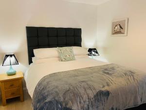 ein Schlafzimmer mit einem großen Bett und zwei Lampen in der Unterkunft Above the Bay - Enclosed garden apartment with parking in Penzance