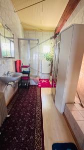 a bathroom with a shower and a sink and a refrigerator at Wasserskianlage Eilenburg in Eilenburg