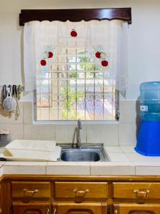 a kitchen counter with a sink and a window at Casa Bea in Tela
