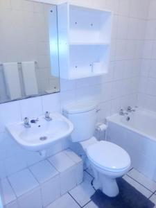a white bathroom with a toilet and a sink at Goshen Place in Cape Town