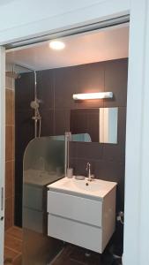 uma casa de banho com um lavatório, um espelho e uma banheira em Bungalow de charme em Montjoly
