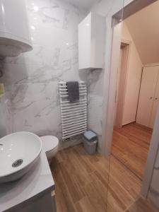 biała łazienka z toaletą i umywalką w obiekcie Apartma LINA, Encijan D-38 w Bohinju