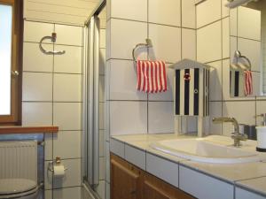 a bathroom with a sink and a mirror at Ferienwohnungen Blätterrausch in Schwandorf in Bayern