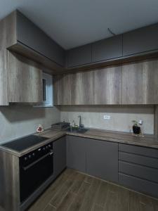 a kitchen with gray cabinets and a sink and a stove at Leon in Kragujevac