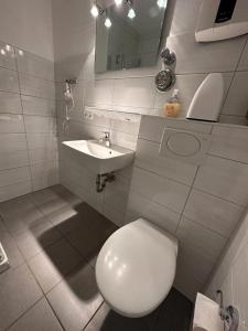 uma casa de banho com um WC branco e um lavatório. em Haubentaucher em Fehmarn