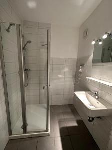 uma casa de banho com um chuveiro e um lavatório. em Haubentaucher em Fehmarn