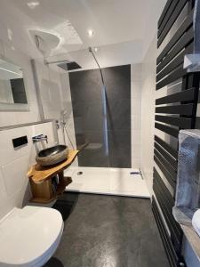 ein Bad mit einer Dusche, einem WC und einem Waschbecken in der Unterkunft MeerRuhe in Burgtiefe auf Fehmarn 