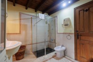 a bathroom with a shower and a toilet and a sink at Hotel Rural El Molino in Soto de Cangas
