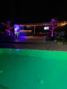 a night view of a patio with trees and lights at Septimo Cielo Tiny Homes in Guatapé