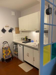 een keuken met witte kasten en een fornuis met oven bij Le Saint-Rémy, hyper centre, calme in Dieppe