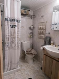 a bathroom with a toilet and a shower curtain at Thea Home in Pastida