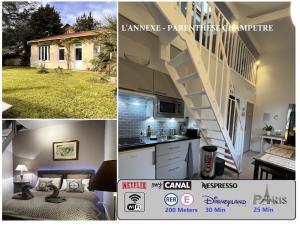 un collage de photos d'une maison avec un escalier dans l'établissement L Annexe - Parenthèse Champêtre PARIS DISNEYLAND, à Gagny