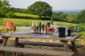 a picnic table with wine bottles and glasses on it at Domaine Joseph LAFARGE Wine Resort B&B in Lugny +71 photos