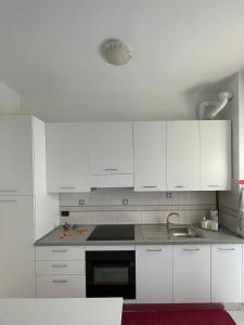 una cucina bianca con armadi bianchi e lavandino di Appartamento Stelvio a Novate Milanese