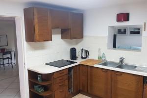 een keuken met houten kasten en een wastafel bij Appartement de 50m2, climatisé avec terrasse et parking in Castelnau-le-Lez