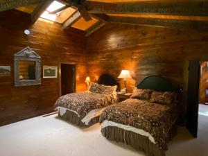 two beds in a room with wooden walls at Two Bear Lodge on Lost Land Lake in Hayward
