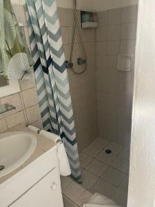 a bathroom with a shower and a sink at Nautilus Ocean Suites in Bridgetown