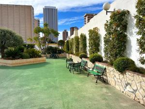 a row of chairs sitting on a green lawn at Domo 5E Holiday apt with pool in Benidorm