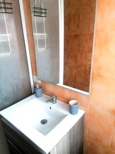 ein Badezimmer mit einem weißen Waschbecken und einem Spiegel in der Unterkunft Novara Suite in Novara