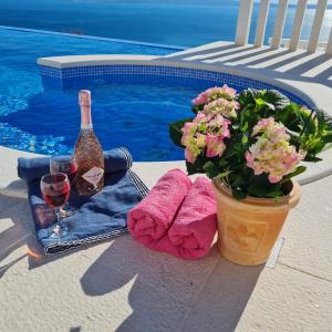 Sea view Luxury Hotel Villa Conte with private swiming pool and romantic SPA في بودسترانا: زجاجة من النبيذ وكأس بجوار النباتات